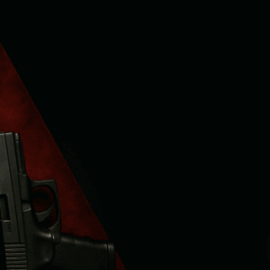 Puerto Rican flag with a Holy Bible and handgun in front, next to a silhouette of a man covering his face in distress