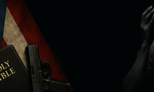 Puerto Rican flag with a Holy Bible and handgun in front, next to a silhouette of a man covering his face in distress