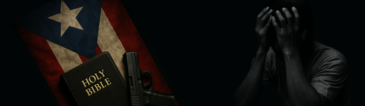 Puerto Rican flag with a Holy Bible and handgun in front, next to a silhouette of a man covering his face in distress